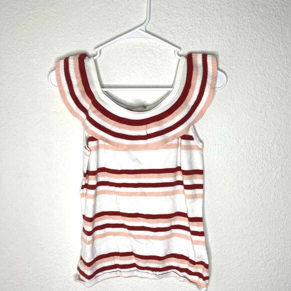 LOFT WHITE & CORAL STRIPED RUFFLED NECK SLEEVELESS KNIT  BLOUSE TOP SZ xsmall - Picture 1 of 3